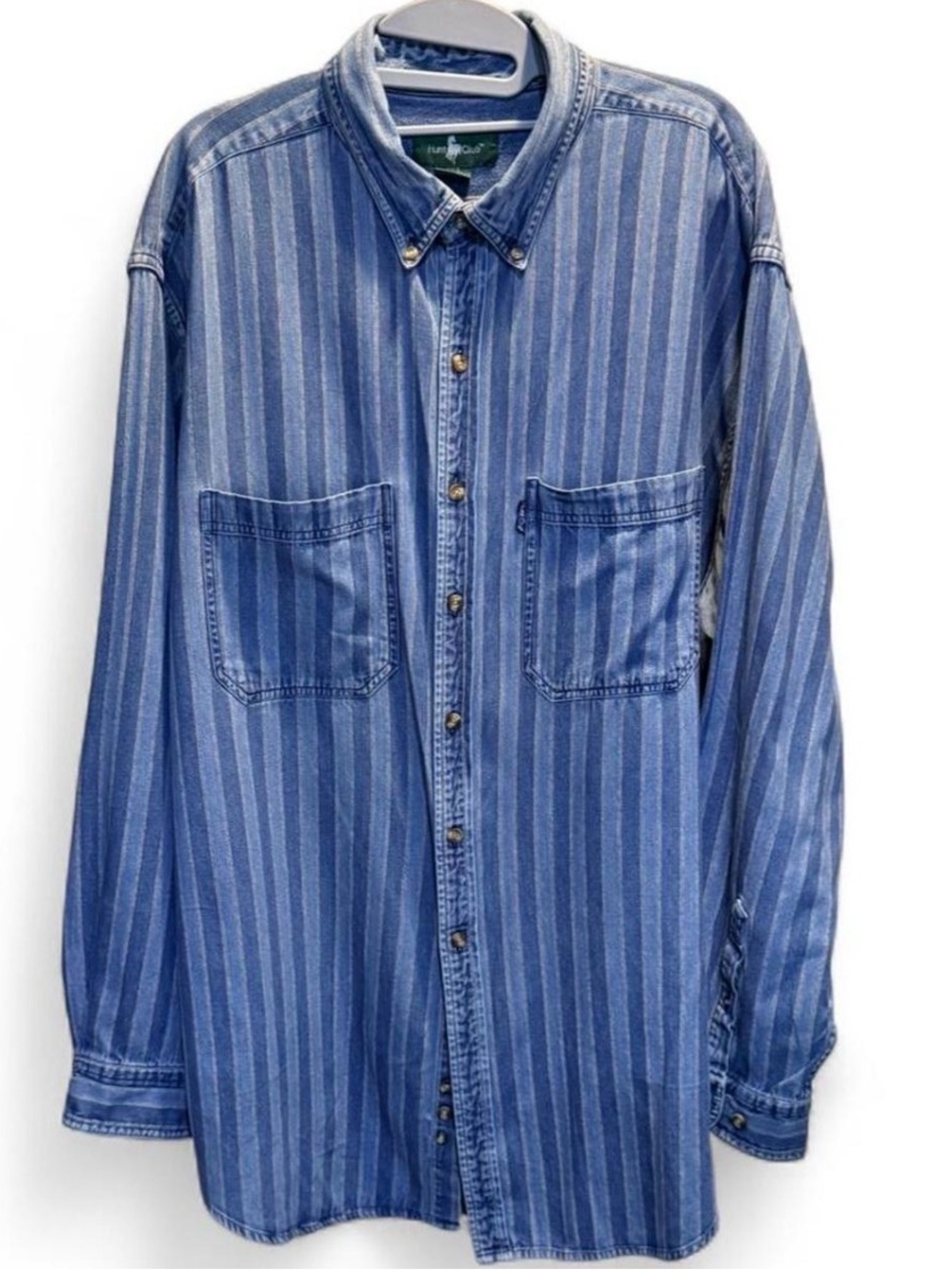 XXLT Vintage 1990s Hunt Club striped denim button-down shirt.